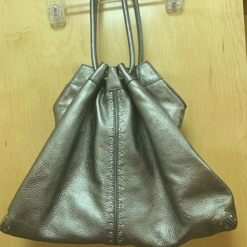 Michael Kors Large Drawstring Metallic Grey Pebbled Leather, Studded Tote Bag